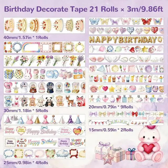 Alt view image 3 of 7 - Birthday Washi Tape Set 21 Rolls for Junk Journal, Scrapbooking & DIY Craft | Thin & Cute Decorative Masking Tapes for Party Favors, Wedding Decor | 3M per Roll