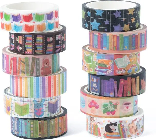 Main image of 12 Rolls Colorful Books Tearable Adhesive Clear Pattern Washi Tape | Rainbow Bookshelf Hand for Scrapbooking Journaling Home Gift Wrapping Accent Classroom Reward Charts Office Decor