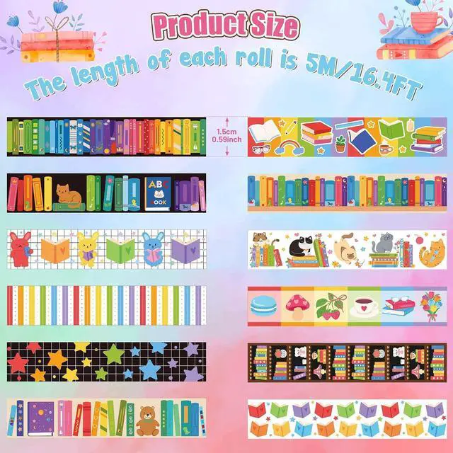 Alt view image 2 of 7 - 12 Rolls Colorful Books Tearable Adhesive Clear Pattern Washi Tape | Rainbow Bookshelf Hand for Scrapbooking Journaling Home Gift Wrapping Accent Classroom Reward Charts Office Decor