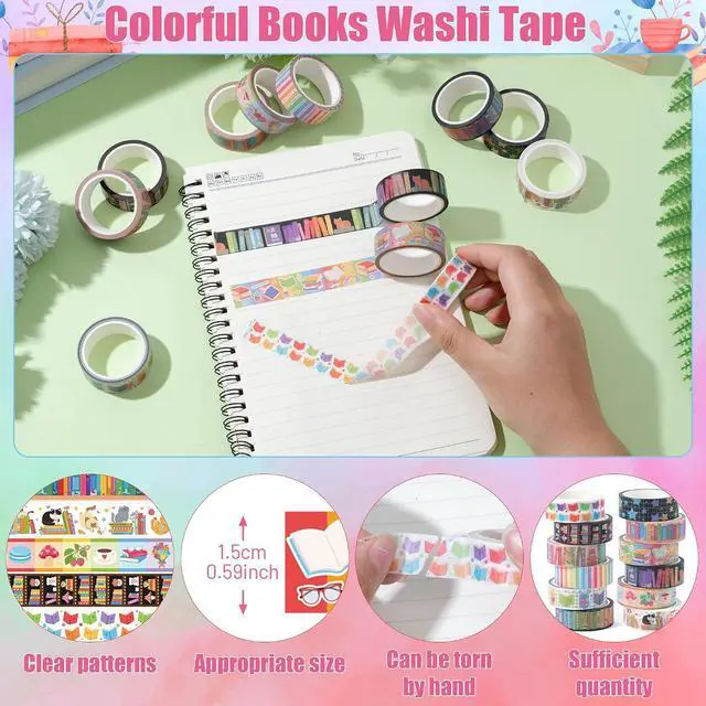 Alt view image 3 of 7 - 12 Rolls Colorful Books Tearable Adhesive Clear Pattern Washi Tape | Rainbow Bookshelf Hand for Scrapbooking Journaling Home Gift Wrapping Accent Classroom Reward Charts Office Decor
