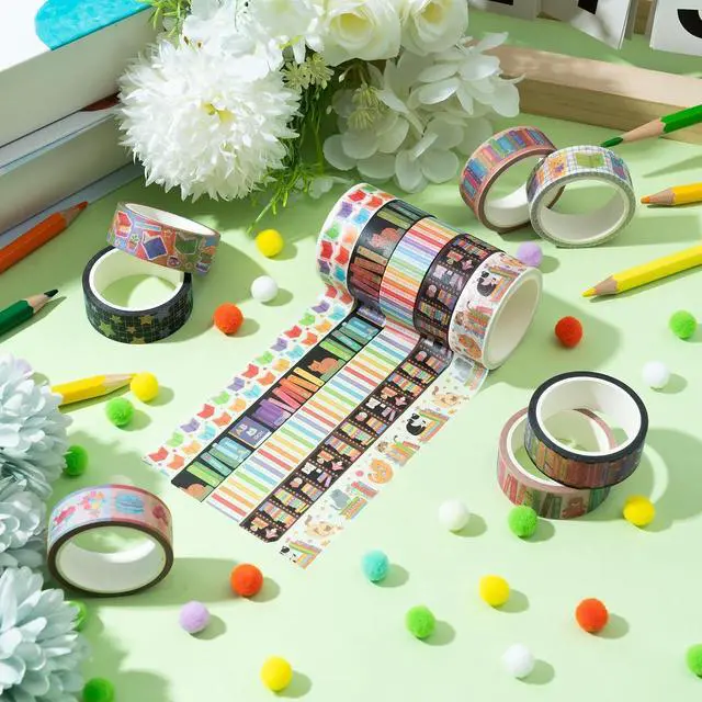 Alt view image 4 of 7 - 12 Rolls Colorful Books Tearable Adhesive Clear Pattern Washi Tape | Rainbow Bookshelf Hand for Scrapbooking Journaling Home Gift Wrapping Accent Classroom Reward Charts Office Decor