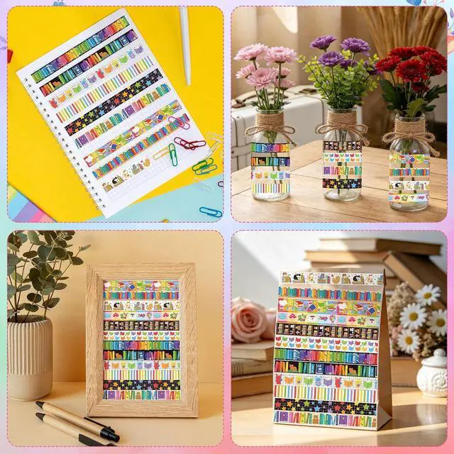 Alt view image 6 of 7 - 12 Rolls Colorful Books Tearable Adhesive Clear Pattern Washi Tape | Rainbow Bookshelf Hand for Scrapbooking Journaling Home Gift Wrapping Accent Classroom Reward Charts Office Decor