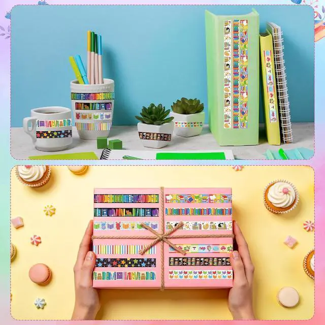 Alt view image 7 of 7 - 12 Rolls Colorful Books Tearable Adhesive Clear Pattern Washi Tape | Rainbow Bookshelf Hand for Scrapbooking Journaling Home Gift Wrapping Accent Classroom Reward Charts Office Decor