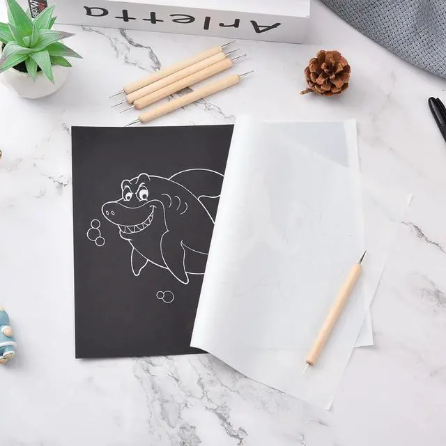 Alt view image 4 of 7 - 50 Sheets Carbon Paper Graphite Paper White Carbon Transfer (8.5 x 11.5 inch) Tracing Papers with 5 PCS Embossing Styluses Dotting Tools for Wood Paper Canvas Craft