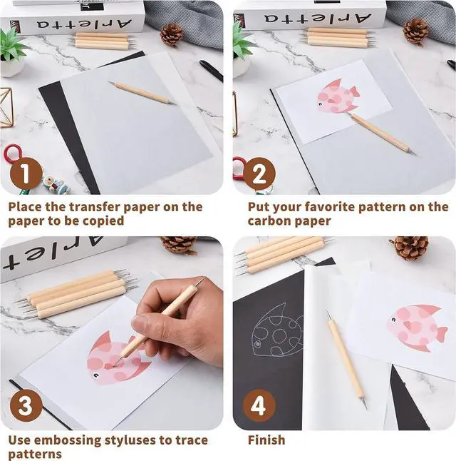 Alt view image 5 of 7 - 50 Sheets Carbon Paper Graphite Paper White Carbon Transfer (8.5 x 11.5 inch) Tracing Papers with 5 PCS Embossing Styluses Dotting Tools for Wood Paper Canvas Craft