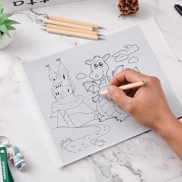 Alt view image 7 of 7 - 50 Sheets Carbon Paper Graphite Paper White Carbon Transfer (8.5 x 11.5 inch) Tracing Papers with 5 PCS Embossing Styluses Dotting Tools for Wood Paper Canvas Craft