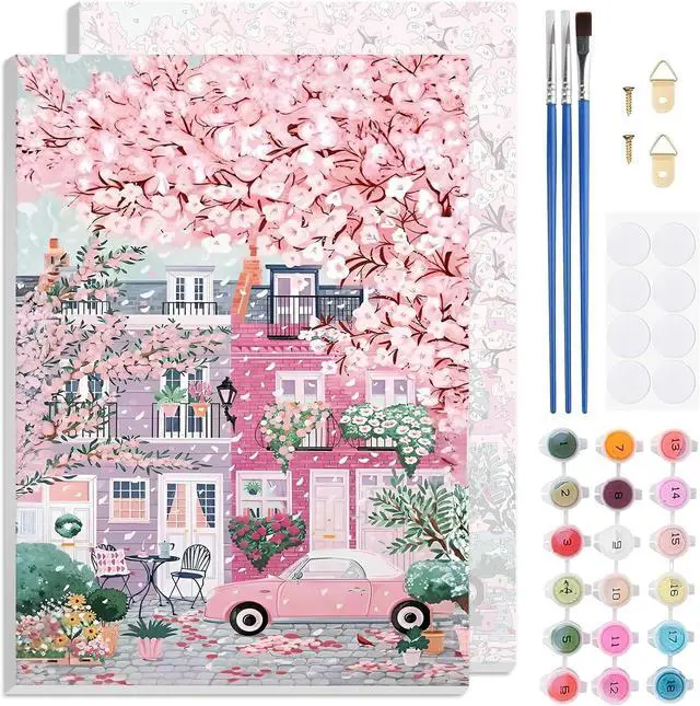 Main image of TLIOBLO Pink Landscape Paint by Numbers Kits with Frame for Adults Beginners, DIY Cherry Blossom Tree Painting by Numbers on Canvas for Home Wall Decor Gifts 20x30cm