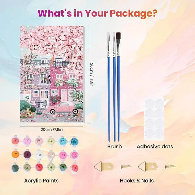 Alt view image 2 of 7 - TLIOBLO Pink Landscape Paint by Numbers Kits with Frame for Adults Beginners, DIY Cherry Blossom Tree Painting by Numbers on Canvas for Home Wall Decor Gifts 20x30cm