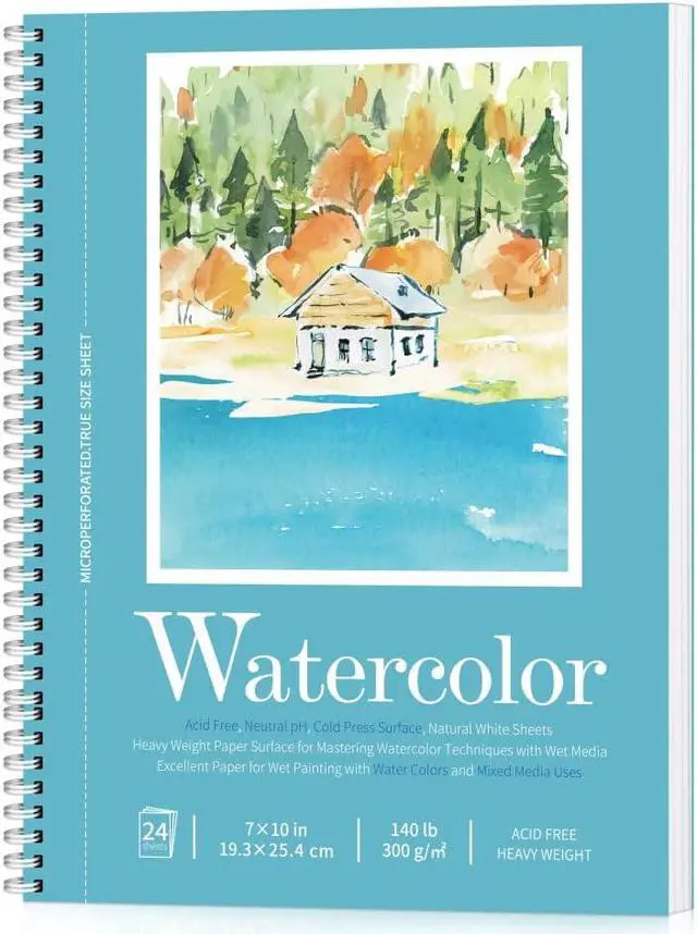 Main image of Sadoup Spiral Bound Watercolor Pad 7x10, 140lb/300gsm Watercolor Paper | 24 Easy-Tear Sheets, Cold-Press Texture, Natural White, Acid-Free & pH Neutral, Made for Mixed Media, Classroom Use