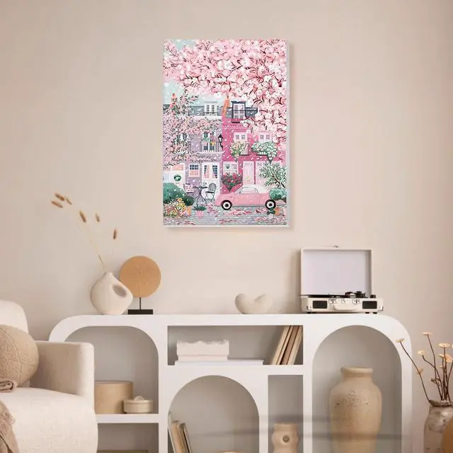 Alt view image 3 of 7 - TLIOBLO Pink Landscape Paint by Numbers Kits with Frame for Adults Beginners, DIY Cherry Blossom Tree Painting by Numbers on Canvas for Home Wall Decor Gifts 20x30cm