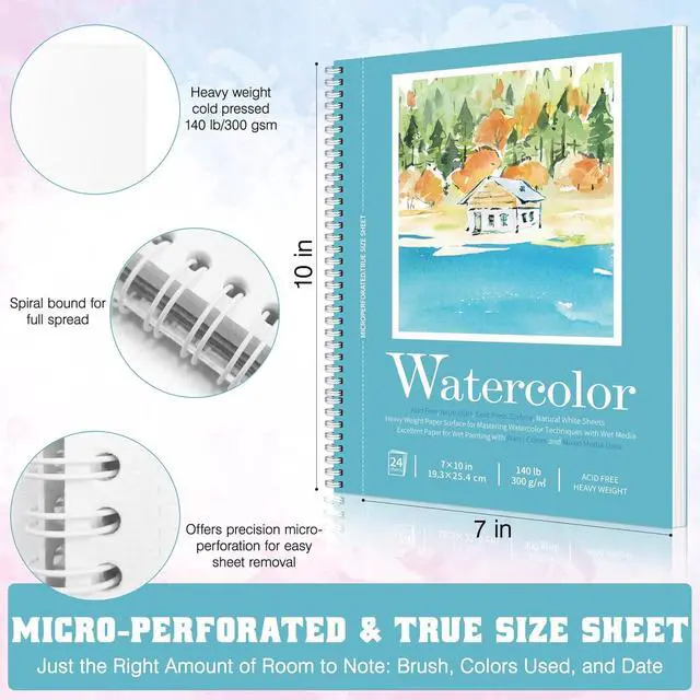 Alt view image 2 of 7 - Sadoup Spiral Bound Watercolor Pad 7x10, 140lb/300gsm Watercolor Paper | 24 Easy-Tear Sheets, Cold-Press Texture, Natural White, Acid-Free & pH Neutral, Made for Mixed Media, Classroom Use