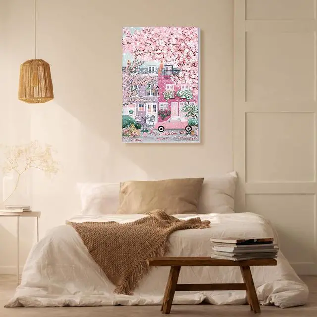 Alt view image 6 of 7 - TLIOBLO Pink Landscape Paint by Numbers Kits with Frame for Adults Beginners, DIY Cherry Blossom Tree Painting by Numbers on Canvas for Home Wall Decor Gifts 20x30cm