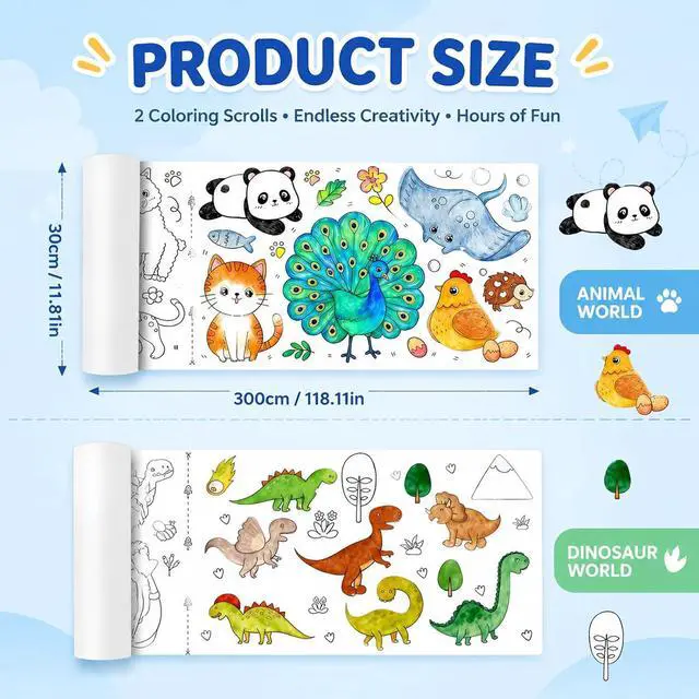 Alt view image 2 of 7 - Drawing Roll Paper, 2 Rolls Children's Coloring Paper Rolls 11.8"x118" | Paper Roll for Kids, Sticky Paper, DIY Painting Drawing Color Painting Gifts, Sticky Rolls(Dinosaur/Animal)