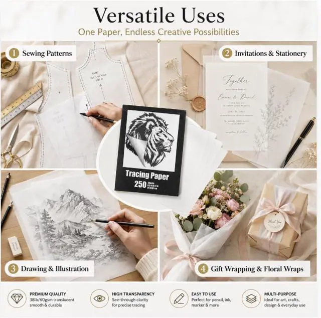 Alt view image 5 of 7 - Tenare 250 Sheets Tracing Paper Translucent Drawing,White,8.3 x 11.7 Inch | See-through for Pattern Transfer, Light Box Use, Animation Layers, Ideal Artists, Students, DIY Crafts, Painting Projects