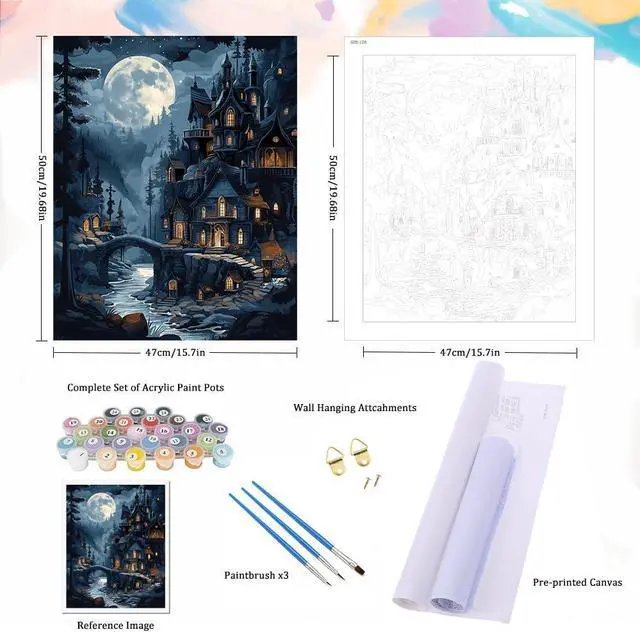 Alt view image 5 of 7 - Natuyalo Paint by Numbers Kit for Adults, Paint by Numbers for Beginner Moonlit Castle, Paint by Number for Adults, Night Scene DIY Paint by Number for Gift Home Wall Decor 16x20 Inch
