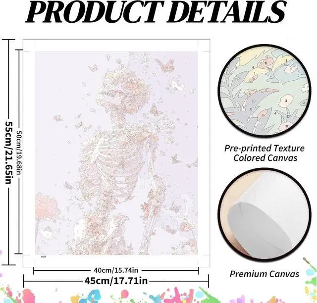 Alt view image 2 of 7 - koemhxb Skeleton Paint by Numbers for Adult, Floral Skeleton Art Paint by Numbers Kit for Adults Beginners, DIY Acrylic Painting on Canvas for Home Wall Art Decor 16x20 Inch