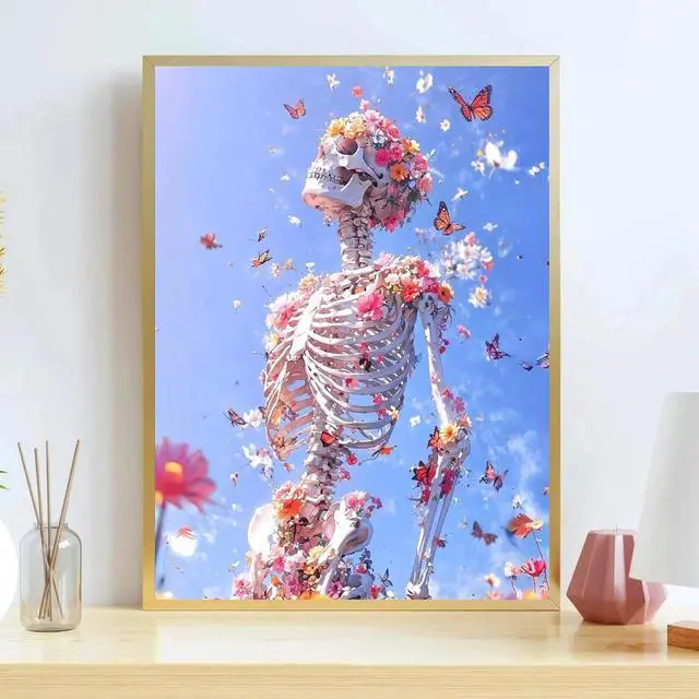 Alt view image 3 of 7 - koemhxb Skeleton Paint by Numbers for Adult, Floral Skeleton Art Paint by Numbers Kit for Adults Beginners, DIY Acrylic Painting on Canvas for Home Wall Art Decor 16x20 Inch