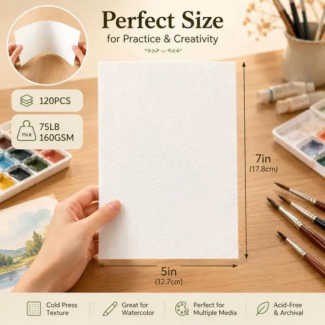 Alt view image 2 of 7 - Fyess 120 Sheets Watercolor Paper Bulk, 5x7 Inch Cold Press Drawing Paper for Kids Adults Beginners, 160 GSM Thick Art Paper for Watercolor, Colored Pencils, Crayons, Sketching, DIY Cards & Classroom