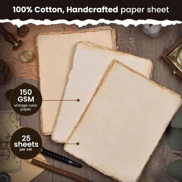 Alt view image 2 of 7 - LEATHER VILLAGE Vintage Deckled Edge Watercolor Paper 25 Sheets 4x6 Inches | Handmade cotton rag paper with antique old look, 150 GSM thick for calligraphy, letter writing, invitations and ink art