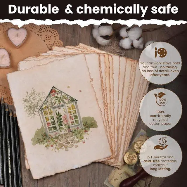 Alt view image 4 of 7 - LEATHER VILLAGE Vintage Deckled Edge Watercolor Paper 25 Sheets 4x6 Inches | Handmade cotton rag paper with antique old look, 150 GSM thick for calligraphy, letter writing, invitations and ink art