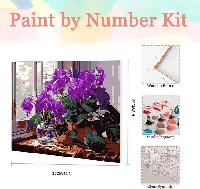 Alt view image 2 of 6 - Auremi Purple Flower Paint by Number Kits with Framed, DIY Flower Paint by Number Canvas for Adults, Easy Acrylic in Canvas with Brushes for Decor 20x30cm