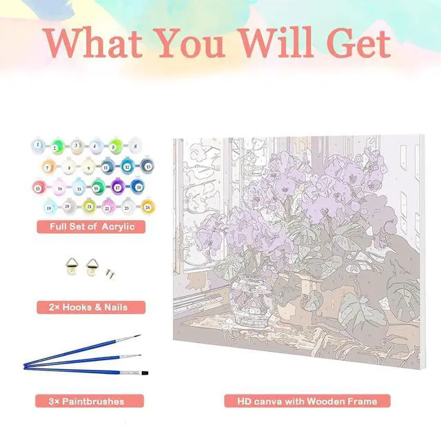 Alt view image 3 of 6 - Auremi Purple Flower Paint by Number Kits with Framed, DIY Flower Paint by Number Canvas for Adults, Easy Acrylic in Canvas with Brushes for Decor 20x30cm