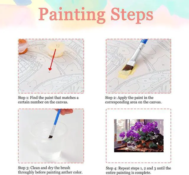 Alt view image 4 of 6 - Auremi Purple Flower Paint by Number Kits with Framed, DIY Flower Paint by Number Canvas for Adults, Easy Acrylic in Canvas with Brushes for Decor 20x30cm