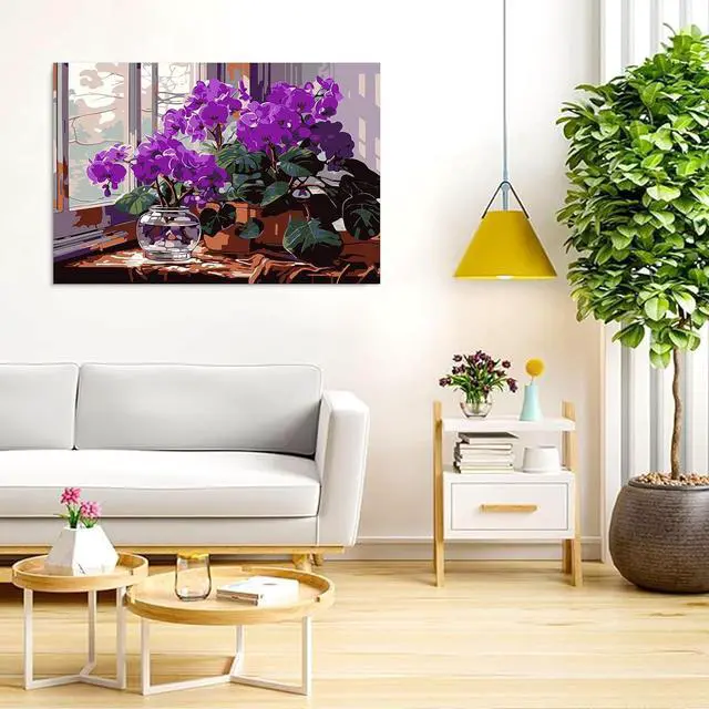 Alt view image 5 of 6 - Auremi Purple Flower Paint by Number Kits with Framed, DIY Flower Paint by Number Canvas for Adults, Easy Acrylic in Canvas with Brushes for Decor 20x30cm