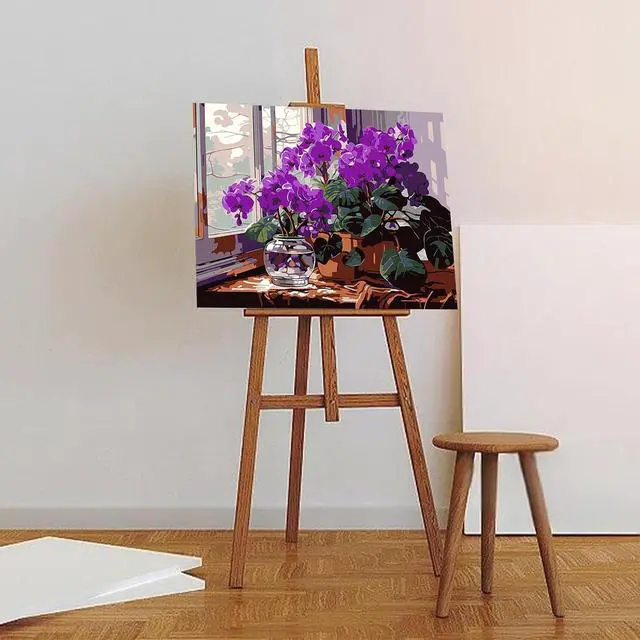 Alt view image 6 of 6 - Auremi Purple Flower Paint by Number Kits with Framed, DIY Flower Paint by Number Canvas for Adults, Easy Acrylic in Canvas with Brushes for Decor 20x30cm
