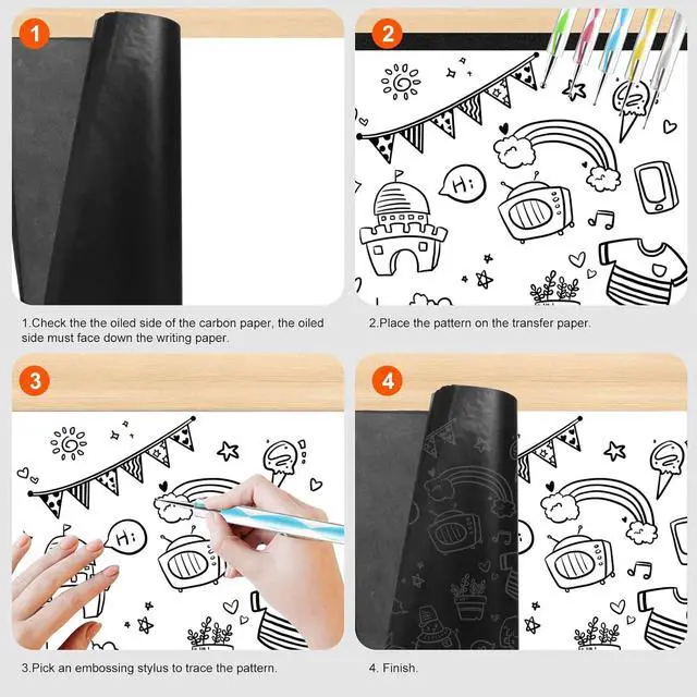 Alt view image 3 of 6 - 200 Sheets Carbon Paper Black Graphite Paper Transfer Tracing Paper and 5 Pieces Ball Embossing Styluses for DIY Woodworking, Paper, Canvas and Other Art Craft Surfaces