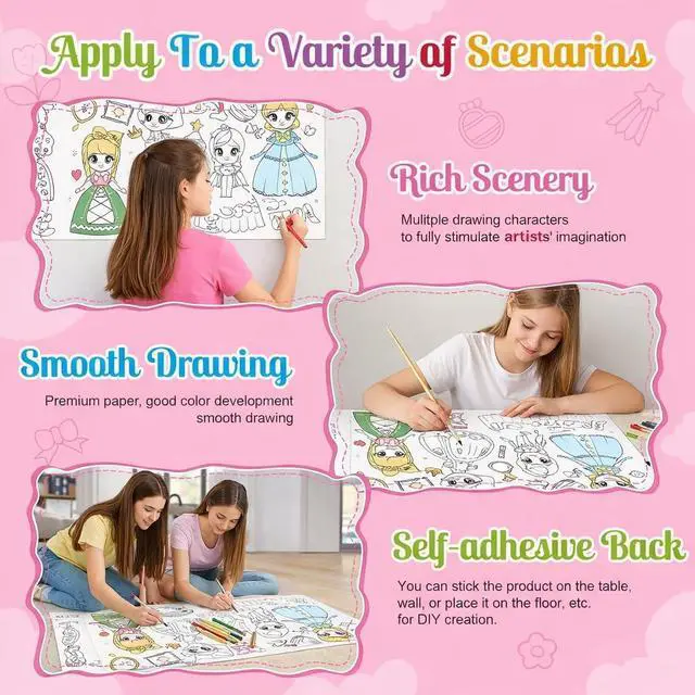 Alt view image 4 of 7 - 2 Pack Sticky Coloring Paper Roll, 11.8" × 118", Food & Princess | Thick Ink-Resistant Paper, Removable Adhesive Backing, 2 Themed Rolls with Non-Repeating Patterns, Easy-Tear Perforations