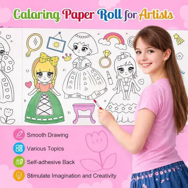 Alt view image 3 of 7 - 2 Pack Sticky Coloring Paper Roll, 11.8" × 118", Food & Princess | Thick Ink-Resistant Paper, Removable Adhesive Backing, 2 Themed Rolls with Non-Repeating Patterns, Easy-Tear Perforations