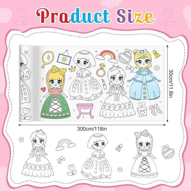 Alt view image 2 of 7 - 2 Pack Sticky Coloring Paper Roll, 11.8" × 118", Food & Princess | Thick Ink-Resistant Paper, Removable Adhesive Backing, 2 Themed Rolls with Non-Repeating Patterns, Easy-Tear Perforations
