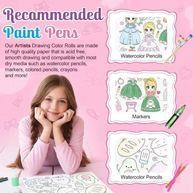 Alt view image 5 of 7 - 2 Pack Sticky Coloring Paper Roll, 11.8" × 118", Food & Princess | Thick Ink-Resistant Paper, Removable Adhesive Backing, 2 Themed Rolls with Non-Repeating Patterns, Easy-Tear Perforations