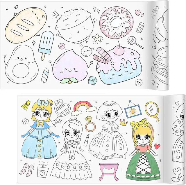 Main image of 2 Pack Sticky Coloring Paper Roll, 11.8" × 118", Food & Princess | Thick Ink-Resistant Paper, Removable Adhesive Backing, 2 Themed Rolls with Non-Repeating Patterns, Easy-Tear Perforations