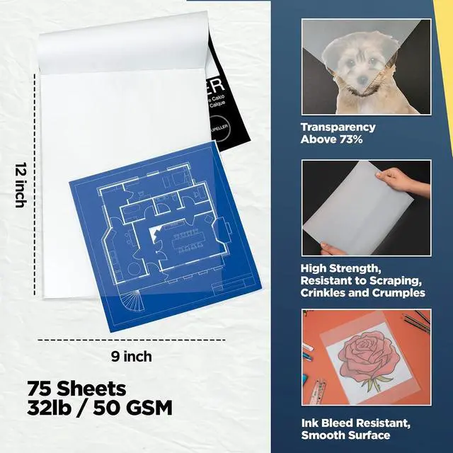 Alt view image 2 of 7 - LOUPELLER 9 x 12 Tracing Paper Pad 75 Sheets of 32lb 50g Wrinkle Free Highly Transparent Tracing Paper for Drawing Works with Pen, Pencil & Marker for Artists, Architects & Kids