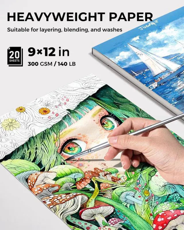Alt view image 2 of 7 - Jusart Watercolor Paper Pad 9"x12", 300gsm/140lb, Cold Press Water Color Paper, Acid-Free, for Wet & Dry Media, Watercolor, Gouache & Sketching, 20 Sheets, Perfect for Students and Artists