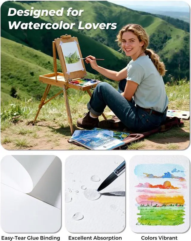 Alt view image 4 of 7 - Jusart Watercolor Paper Pad 9"x12", 300gsm/140lb, Cold Press Water Color Paper, Acid-Free, for Wet & Dry Media, Watercolor, Gouache & Sketching, 20 Sheets, Perfect for Students and Artists