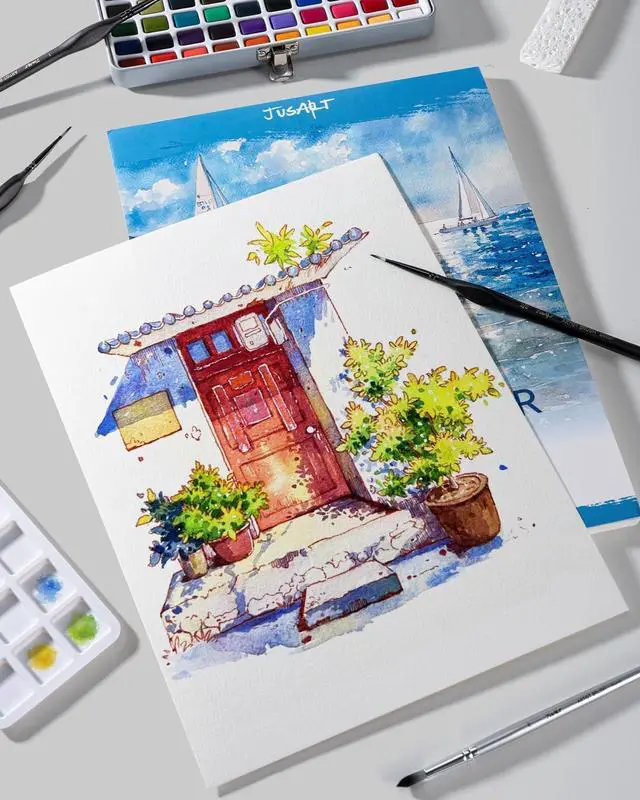 Alt view image 6 of 7 - Jusart Watercolor Paper Pad 9"x12", 300gsm/140lb, Cold Press Water Color Paper, Acid-Free, for Wet & Dry Media, Watercolor, Gouache & Sketching, 20 Sheets, Perfect for Students and Artists