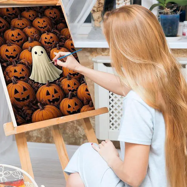 Alt view image 3 of 7 - Bowetile Halloween Framed Paint by Numbers for Adults, Ghost Adults' Paint-by-Number Kits on Canvas, Easy Acrylic Pumpkin Number Painting Crafts Kits Halloween Gifts for Home Decor, 8x12in