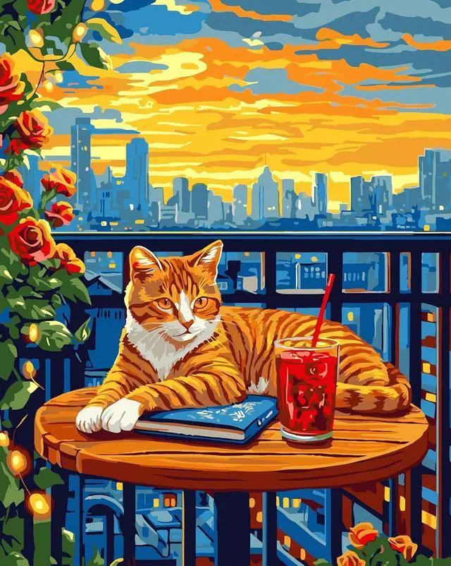 Main image of Cat Paint by Numbers Kit for Adults, City Sunset, Oil Painting 16x20 Inch | Paint by Numbers Kit for Adults, Cat on Balcony with City Sunset, DIY Oil Painting, Pre-Printed Canvas, 16x20 Inch