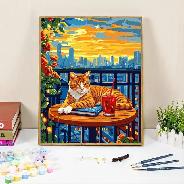 Alt view image 3 of 7 - Cat Paint by Numbers Kit for Adults, City Sunset, Oil Painting 16x20 Inch | Paint by Numbers Kit for Adults, Cat on Balcony with City Sunset, DIY Oil Painting, Pre-Printed Canvas, 16x20 Inch
