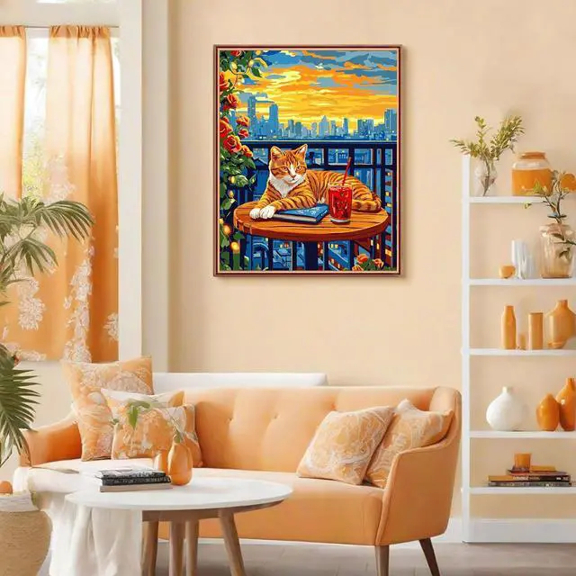 Alt view image 4 of 7 - Cat Paint by Numbers Kit for Adults, City Sunset, Oil Painting 16x20 Inch | Paint by Numbers Kit for Adults, Cat on Balcony with City Sunset, DIY Oil Painting, Pre-Printed Canvas, 16x20 Inch