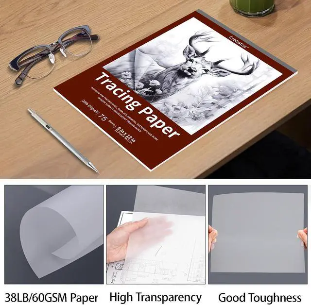 Alt view image 4 of 7 - Crehatos 9" x 12" Tracing Paper, Translucent Tracing Pad, 75 Sheets | 38lb/60gsm Vellum Art Paper for Drawing, Sketching, Overlays