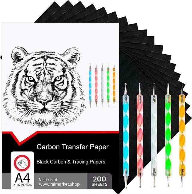 Main image of 200 Sheets Black Carbon Paper for Tracing On Fabric | Carbon Paper for Tracing on Wood & Canvas, Tracing Paper for Drawing Sewing Patterns, 5 Stylus, A4 Size (9 X 13) Graphite Transfer Paper
