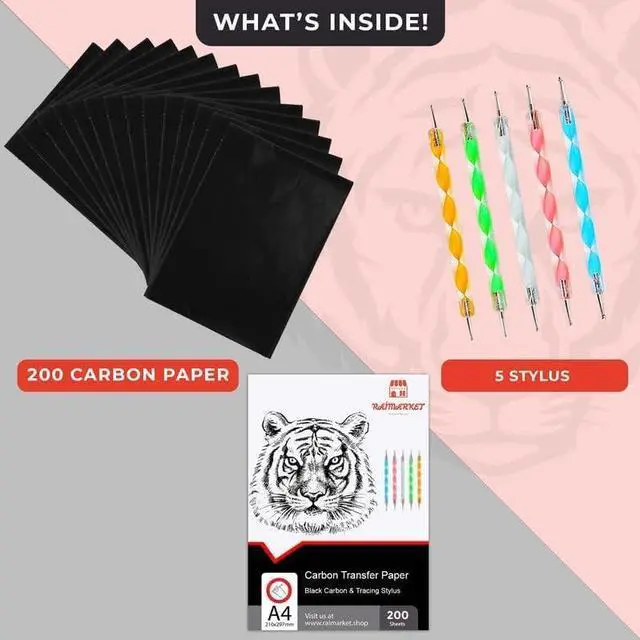 Alt view image 2 of 6 - 200 Sheets Black Carbon Paper for Tracing On Fabric | Carbon Paper for Tracing on Wood & Canvas, Tracing Paper for Drawing Sewing Patterns, 5 Stylus, A4 Size (9 X 13) Graphite Transfer Paper