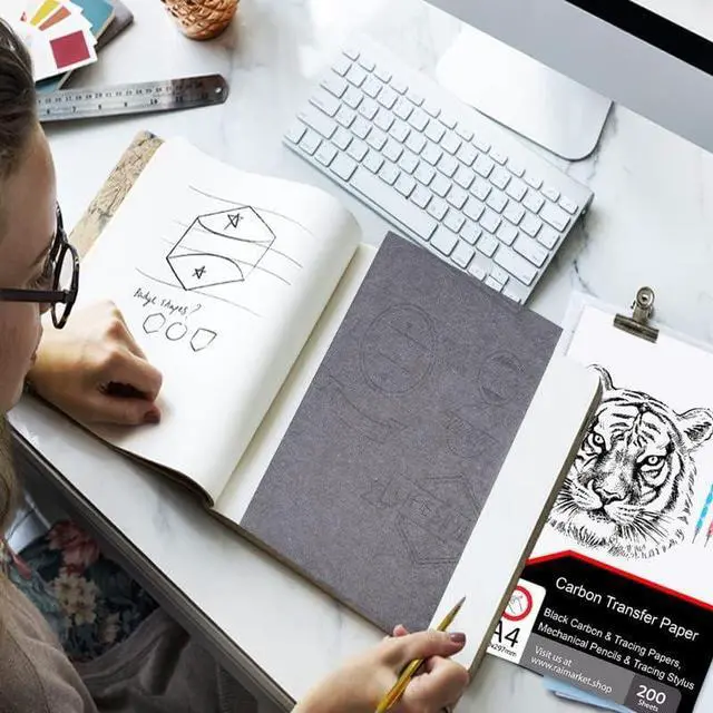 Alt view image 6 of 6 - 200 Sheets Black Carbon Paper for Tracing On Fabric | Carbon Paper for Tracing on Wood & Canvas, Tracing Paper for Drawing Sewing Patterns, 5 Stylus, A4 Size (9 X 13) Graphite Transfer Paper