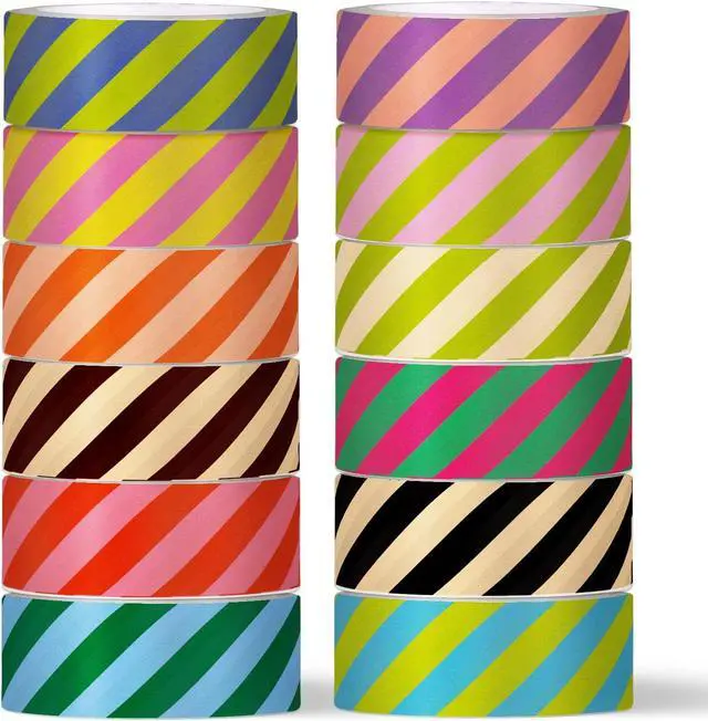Main image of Whaline 12 Rolls Striped Washi Tape Masking Tape Set Colorful Cabana Stripe Decorative Wrapping Paper Tapes Boxed for Birthday Scrapbook Journal DIY Crafts