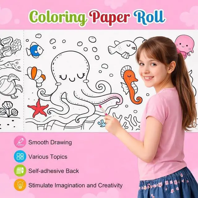 Alt view image 3 of 7 - 2 Pack Coloring Paper Roll for Kids, Sticky Art Roll, 11.8" x 118" | Thick ink-resistant paper, removable adhesive backing, 2 themes with 30+ designs, easy-tear perforations, giftable set
