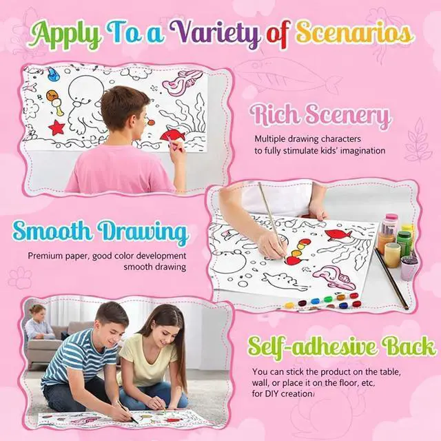 Alt view image 4 of 7 - 2 Pack Coloring Paper Roll for Kids, Sticky Art Roll, 11.8" x 118" | Thick ink-resistant paper, removable adhesive backing, 2 themes with 30+ designs, easy-tear perforations, giftable set